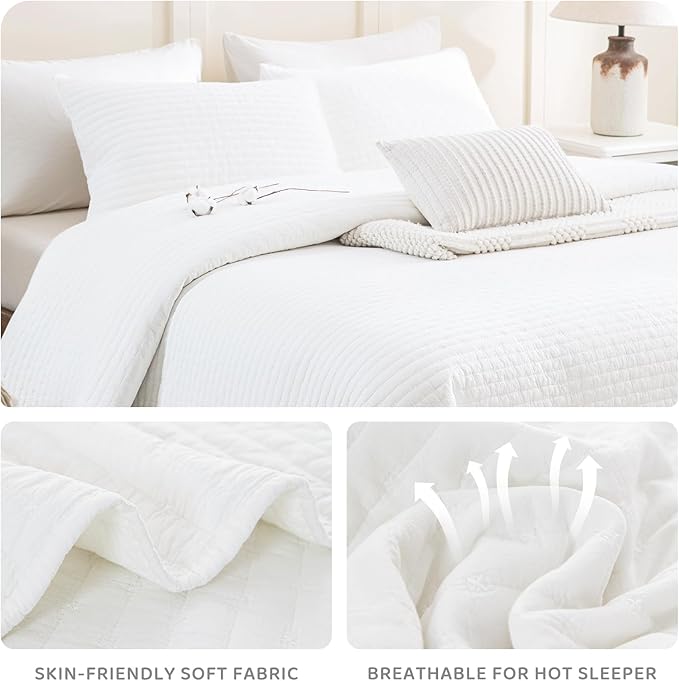 Sanracie Stonewashed Oversized King Bedspread(128"x120"), Cotton Milk White Extra Large Wide Oversized Quilt Coverlet Cross Stitch Soft Lightweight 3Pcs Crinkle Bed Coverlet Set