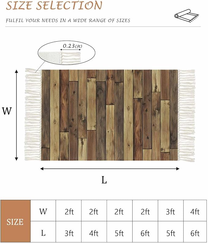 Brown Runner Rug 2X4 Ft Entryway Outdoor Indoor Mat, Washable Woven Vintage Country Wooden Grain Throw Carpet with Tassel, Non-Shedding Farmhouse Cabin Retro Plank Stitching Art Hallway Bath Mats