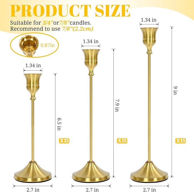 Candlestick Holders 45 PCS, Metal Taper Candle Holder, Brass Gold Candle Holders for Pillar Candles, Vintage Dining Table Centerpiece Decorations for Wedding Party Christmas Halloween Decor