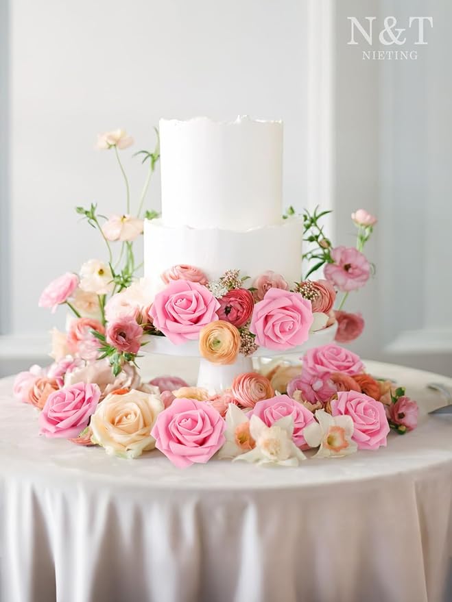 N&T NIETING Artificial Flowers Pink Roses, 50Pcs Fake Flowers Foam Roses with Stems for DIY Wedding Bridesmaid Bridal Bouquets Centerpieces Party Home Decoration Baby Shower