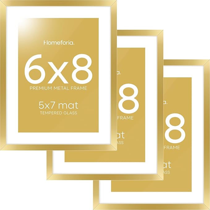 Homeforia 6x8 Picture Frame Gold, High End Metal 6 x 8 Frames with Mat 5 by 7 for Print, Photo Frame 6x8 Gold Matted to 5x7 inches Art, 6by8 Wall or Tabletop Frames, Tempered Glass, Wall Kit, Set of 3