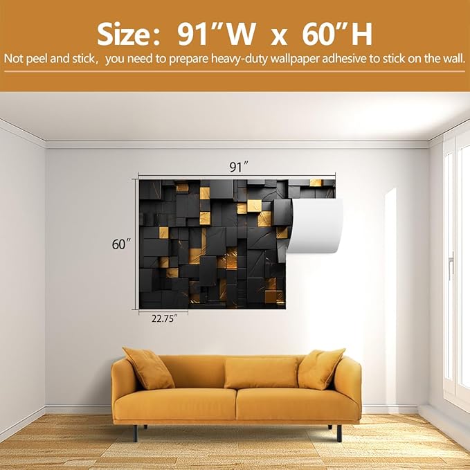 Black and Gold 3D Wallpaper Bedroom Abstract Geometric Squares Background Wall Mural for Living Room Office（Not Peel and Stick）