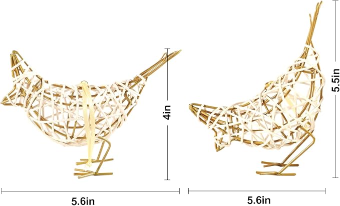 White Woven Bird Duo - Metal & Rattan Tabletop Sculptures, Modern Boho Decor with Detachable Memo Clips and Christmas Ornament (6x5.5x2.3in)