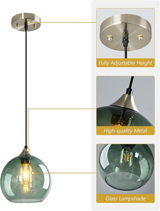 Gray Green Glass Pendant Lights Kitchen Island Lighting Globe Pendant Light Fixtures Modern Pendant Lighting for Bedroom Living Dining Room Light Fixture(7.87in, 2 Pack)