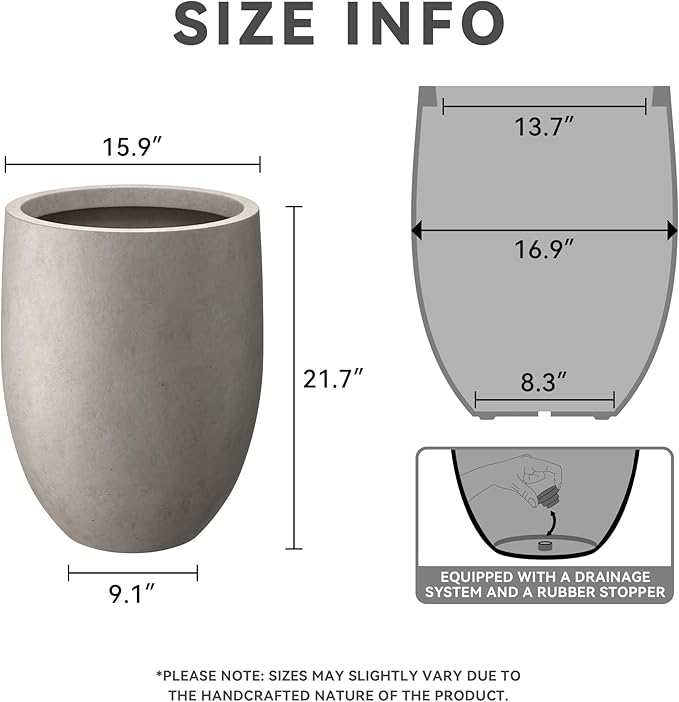 Kante 21.7" H Buff Concrete Tall Planter, Large Outdoor Indoor Decorative Pot with Drainage Hole and Rubber Plug, Modern Round Style for Home and Garden