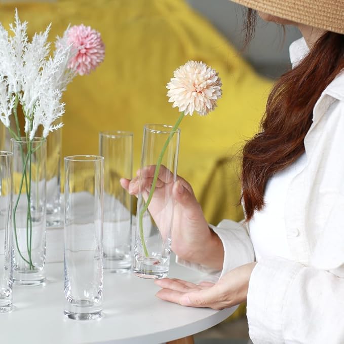 Glass Cylinder Bud Vases for Centerpieces, Set of 12 Clear Small vases,Handmade Slim Flower Vases Wedding Table Decor for Single Rose vases Bulk, Home Aesthetic Desk Decor, Party Decorations,7.5"