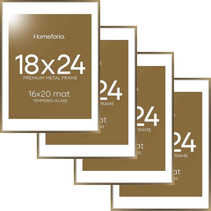 Homeforia Picture 18x24 Bronze Frame, High End Metal 18x24 Brass Poster Frames with Mat 16x20 for Photo, 18 x 24 Frame Matted to 16 x 20 Print, 24x18 Hanging Frames, Tempered Glass, Wall Kit, Set of 4