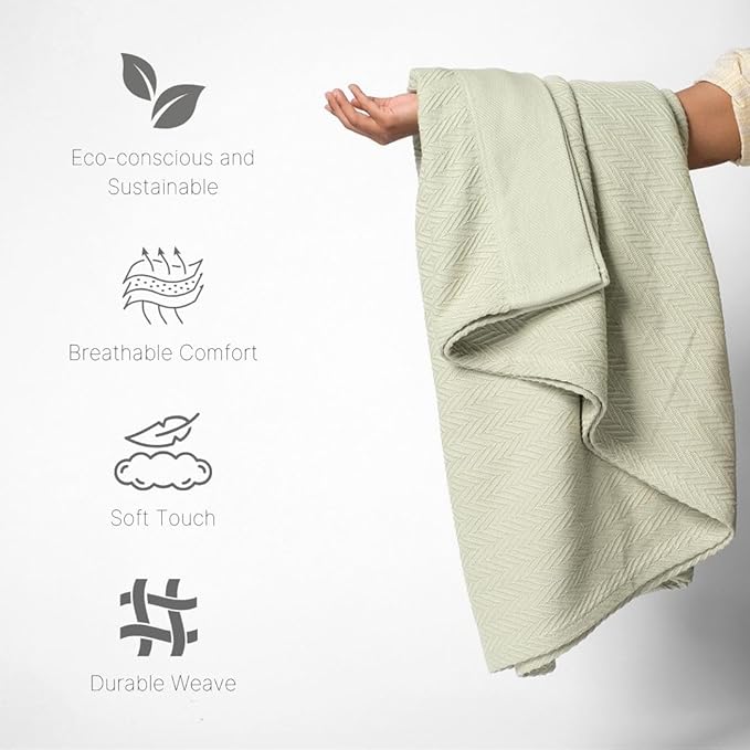 100% Cotton Herringbone Weave Blankets, 66" X 90" Twin, Throw Blanket for Bed, All Season Cotton Blanket, Cozy Blanket,Throws & Bed Blanket, Throw Blanket for Couch, Modern Home Decor -Sage