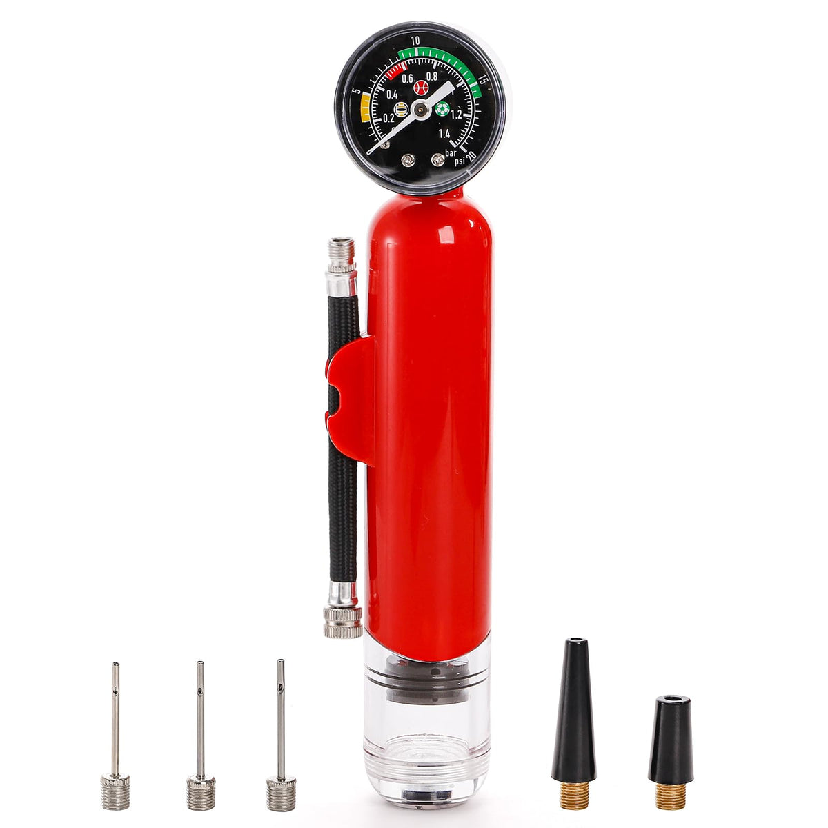 Lawei Ball Pump with Pressure Gauge, Dual Action Sports Ball Compact Pump with Needles and Nozzles, Portable Air Hand Pumps Little Pumps for Basketball, Football, Soccer Ball, Rugby, Volleyball, Red
