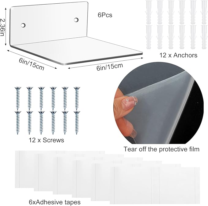 Wenqik Acrylic Floating Shelves for Wall 6 x 6 Inch Display Wall Shelf Clear Hanging Shelves with Adhesive Tape and Screw for Bathroom Bedroom Living Room Office Storage Decoration(6 Packs)