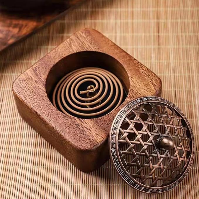 Square Incense Burner Holder - 4" Handcrafted Walnut Wood Censer with Metal Alloy Lid | Natural Incense Stick/Bowl Tray for Yoga & Meditation | Luxury Home Decor Gift for Zen Lovers