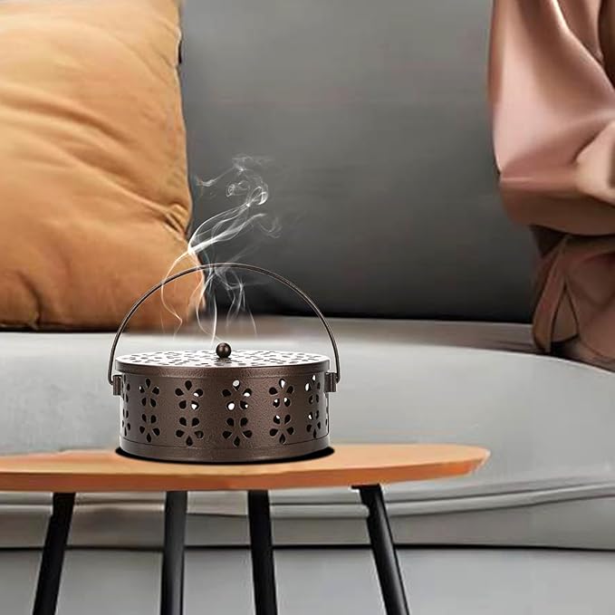 2-Pack Citronella Coil Holder Portable Iron Mosquito Coil Holder Incense Burner with Lid and Handle Round Coil Incense Holder (Bronze/Pink)