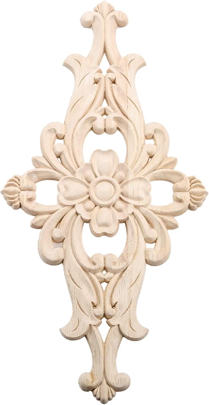 MUXSAM Wood Carved Appliques Furniture Decorative Onlays, 1Pc Unpainted DIY Center Carving Decal for Door Wall Ceiling Cabinet Dresser Mirror Bed Mantel Bench Decoration, 40x20cm/15.75"x7.87"