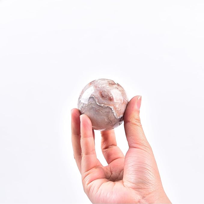 JIC Gem Natural Pink Agate Crystal Sphere Pink Crystal Decorative Ball with Wooden Stand Meditation Balls for Witchcraft Reiki Healing Gift 50-60mm