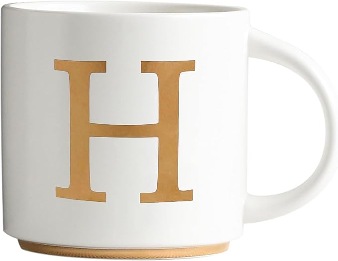 COLLECTIVE HOME - Monogram Ceramic Mugs, 15 oz Golden Initial Coffee Cups, Elegant Alphabet Tea Mugs, Elegant Personalized Mug with Gift Box, Unique Mug with Double Side Capital Letter (H)