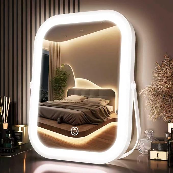 PRIMETEK Travel Makeup Mirror with Lights, Portable Small Beauty LED Vanity Mirror with Lights, 1200mAh Battery, Dimmable Touch Screen, Tabletop Folding Compact Mirror,Women Gift
