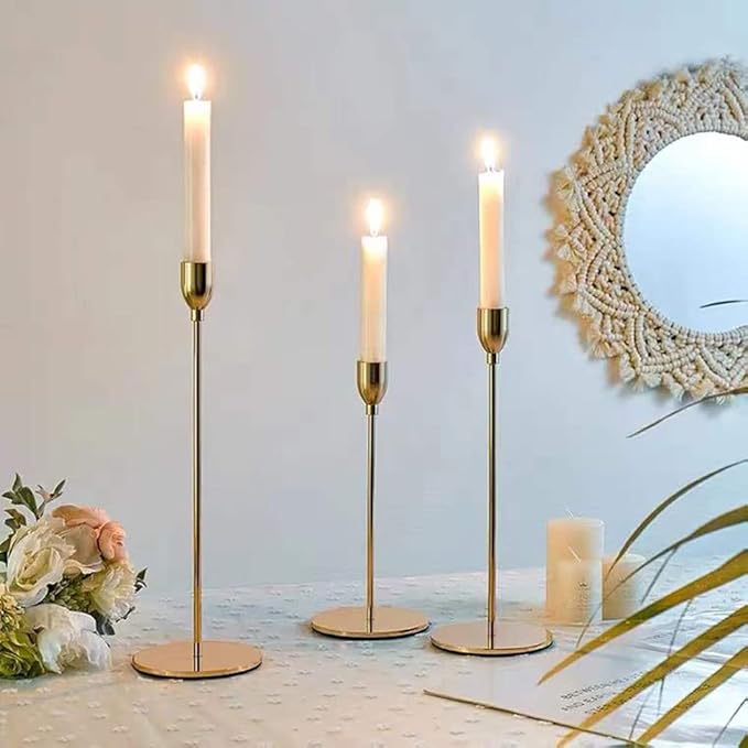 Gold Taper Candle Holder Set of 6, Brass Gold Tall Candlestick Holders, Metal Vintage Candle Stickers Long Holder Set, Pillar Decorative Candle Holder Fits 3/4 Inch Candle