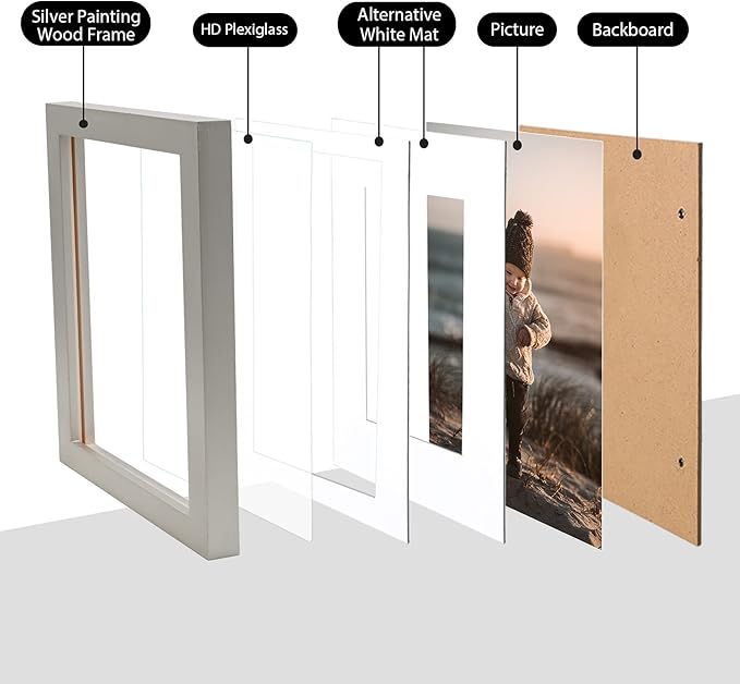 KINLINK 5x7 Picture Frame Light Grey, Solid Wood Frames with Acrylic Plexiglass for Pictures 4x6 with Mat or 5x7 without Mat,Tabletop and Wall Display Photo Frame Set of 4