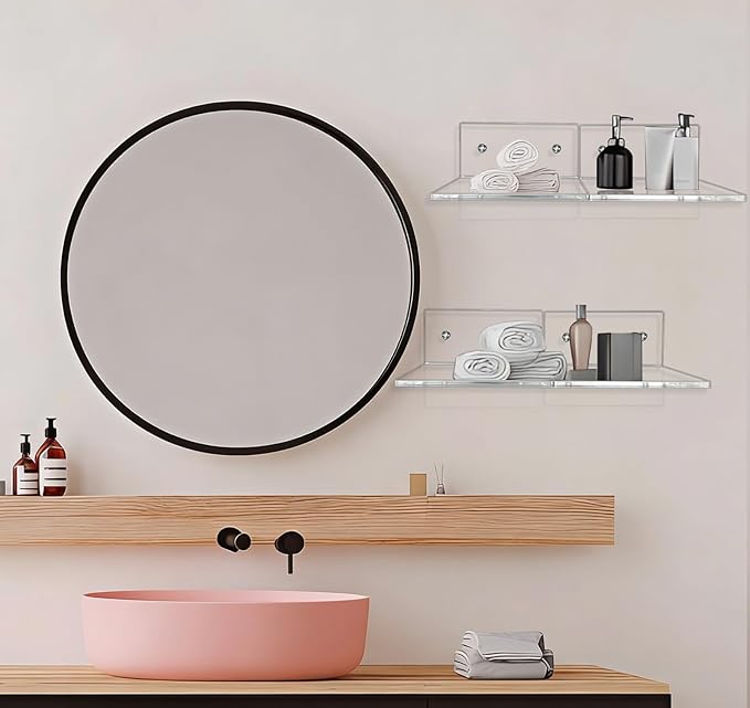 4 Pcs Clear Acrylic Floating Wall Shelves, Small Floating Shelves for Wall Shelf Acrylic Display Ledges, Small Corner Shelf for Bedroom Bathroom Book Speaker Hanging Shelves - Clear (4 Inch 4Pack)