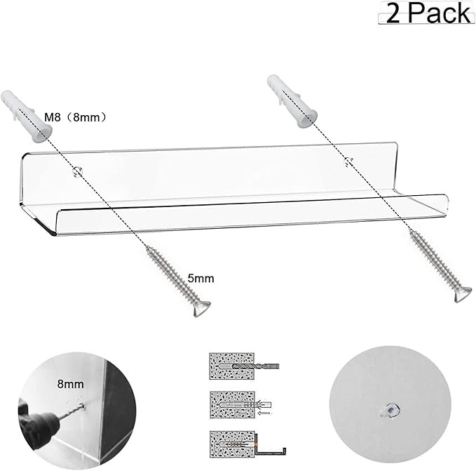 Cerpourt Acrylic Floating Wall Ledge Shelf, Clear Bathroom Storage Shelves Display,Acrylic 15" Invisible Bookshelf (2pack)