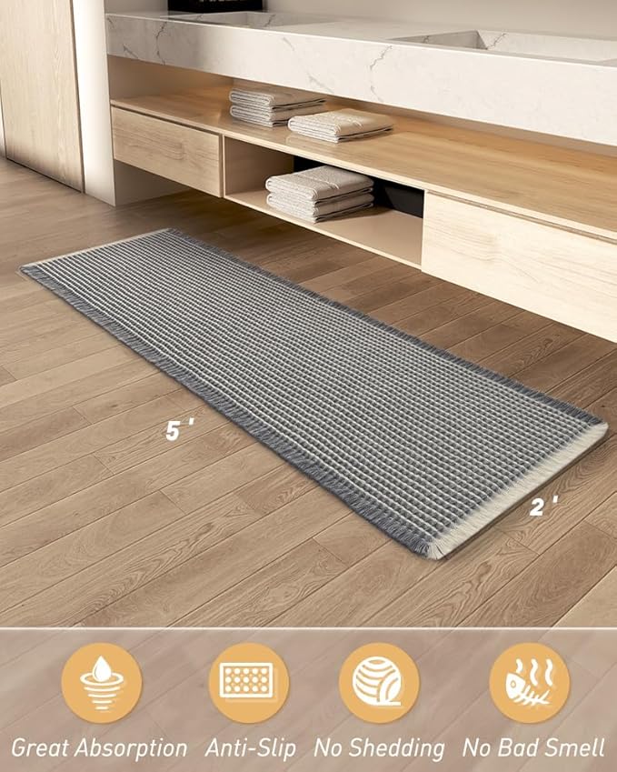 AMOAMI Upgraded Waffle Runner Rug Super Absorbent Non Slip Bath Mats for Bathroom Machine Washable Bathroom Runner Rug with Tassels, Ideal for Hallway Bedroom Laundry Room, 2' x 5', Darkgrey & Cream