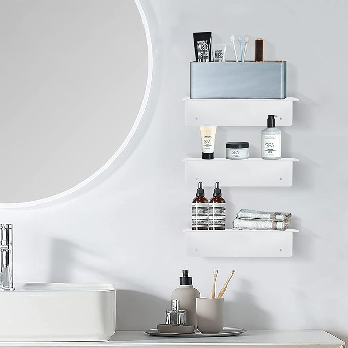 9 Inch Acrylic Floating Shelf No Drill Adhesive Wall Shelf Set of 2 for Funko Pop Storage, Floating Shelves Damage-Free Expand Wall Space for Living Room, Bathroom, Gaming Room, Office - White