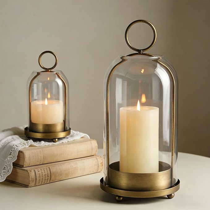 Sziqiqi Hurricane Candle Holder Lanterns: Pillar Candle Holders Set of 2 for Outdoor - Antique Brass Metal Candleholder with Glass Dome for Living Room Table Centerpiece