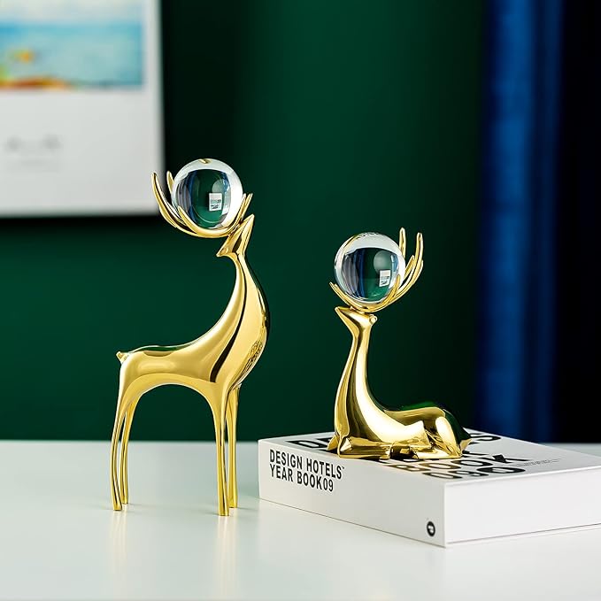 Sziqiqi Brass Reindeer Sculptures Animal Figurine Statues Christmas Deer Pure Copper Heavy Reindeer Ornaments for Home Decor Accents Living Room Office Bookself Tabletop Mantle Decoration