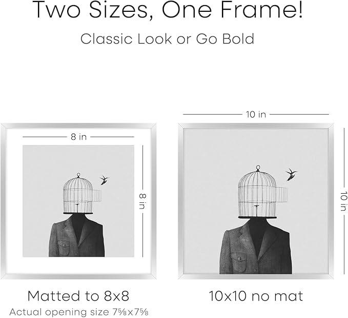 Homeforia 10x10 Picture Frame Silver, High End Metal 10 by 10 Square Frames with Mat 8 x 8 inch Photo, 10by10 Poster Frame Matted to 8x8 Art, Wall or Tabletop Frame, Tempered Glass, Wall Kit, Set of 3