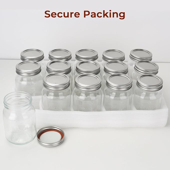 CycleMore 16oz Mason Jars, 15 Pack Embossed Glass Canning Jars with Lids and Bands, Overnight Oats Containers for Canning, Pickling, Food Storage, DIY Projects