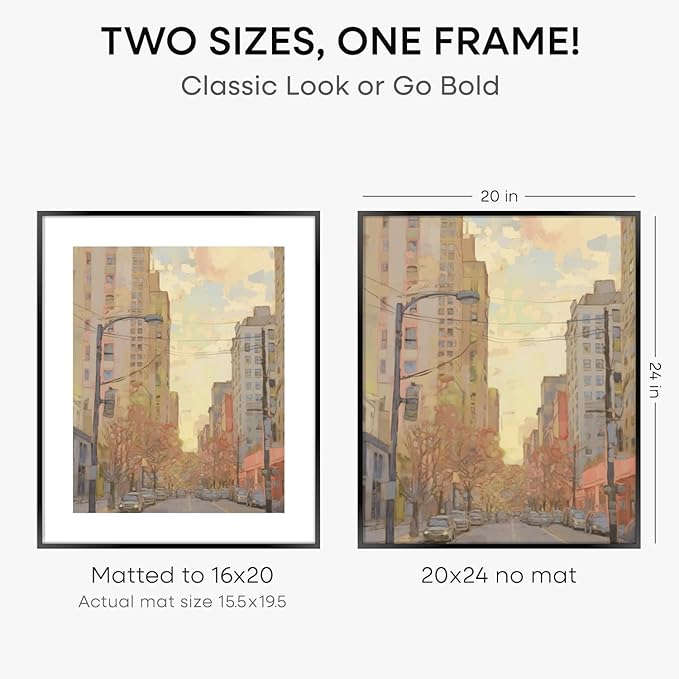 Homeforia 20x24 Picture Frame Black, High End Metal 20x24 Frame Matted to 16x20 Print, 20 x 24 Black Poster Frames with Mat 16 by 20 inch Photo, 24x20 Hanging Frame, Tempered Glass, Wall Kit, Set of 3
