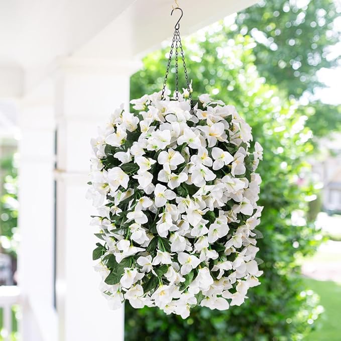Faux Bougainvillea Artificial Flowers Plants for Outdoors Outside Decoration, 2 PCS White Fake Flowers UV Resistant Look Real Silk Long Trailing Vines for Front Door Porch Planter Patio Garden Yard