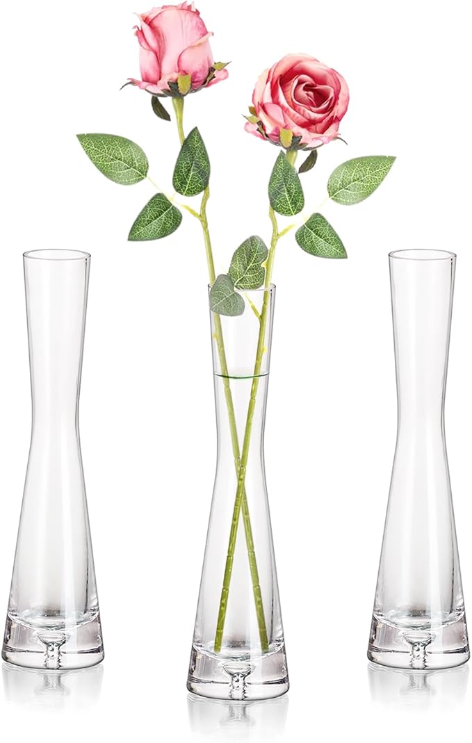 Hewory Glass Bud Vases for Centerpieces Set of 3, Handmade Modern Clear Small Skinny Decorative Single Flower Vase, Minimalist Slim Floral Vase for Home Wedding Party Events Table Decor, 7.87"