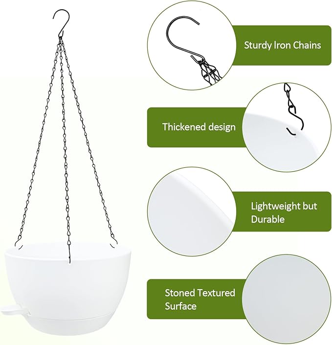 WOUSIWER Self Watering Hanging Planters, 2 Pack 12'' Plastic Pots with Drainage Holes & Reservoir Tray (White) | Indoor & Outdoor Use for Ferns, Ivy, Herbs, Succulents