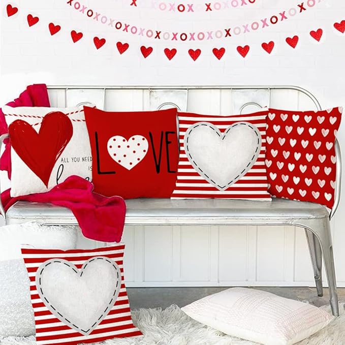 GEEORY Valentines Day Pillow Covers 20x20 inch Set of 4 for Valentines Decor Red White Stripes Dots Love Heart Valentines Day Throw Pillows Decorative Cushion Cases Valentine Decorations