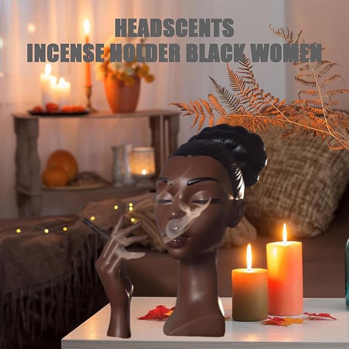 Sophisticated and Elegant Headscents-Head Incense Burner - Black Woman Smoking Head Incense Burner Design Calming Room Waterfall Decor and Unique Home Gift,Desk Decor (B)