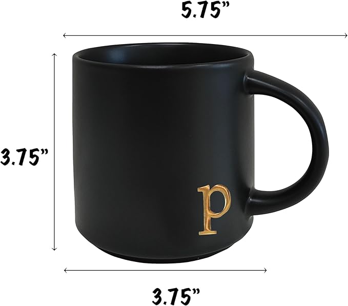 COLLECTIVE HOME - Black Monogram Ceramic Mugs, 15 oz Golden Initial Coffee Cups, Elegant Alphabet Tea Mugs, Personalized Halloween Mug with Gift Box, Perfect for Office and Home Décor (p)