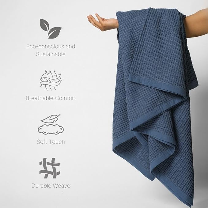 GOTS Certified Organic Cotton Waffle Weave Blanket, Queen Bed Size, 90"X90"Cozy Throw Blanket for Couch, Modern Home Decor Throw Blankets,Comfy Waffle Blanket Soft Bed Blankets -Navy Blue