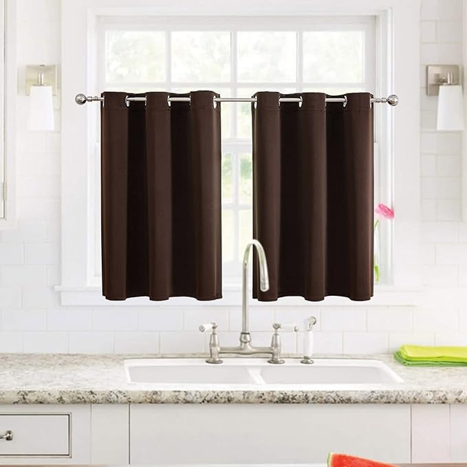 ChrisDowa Small Window Curtains for Kitchen and Bedroom - Grommet Short Thermal Insulated Room Darkening Curtains (2 Panels, Brown, 42 x 36 Inch)