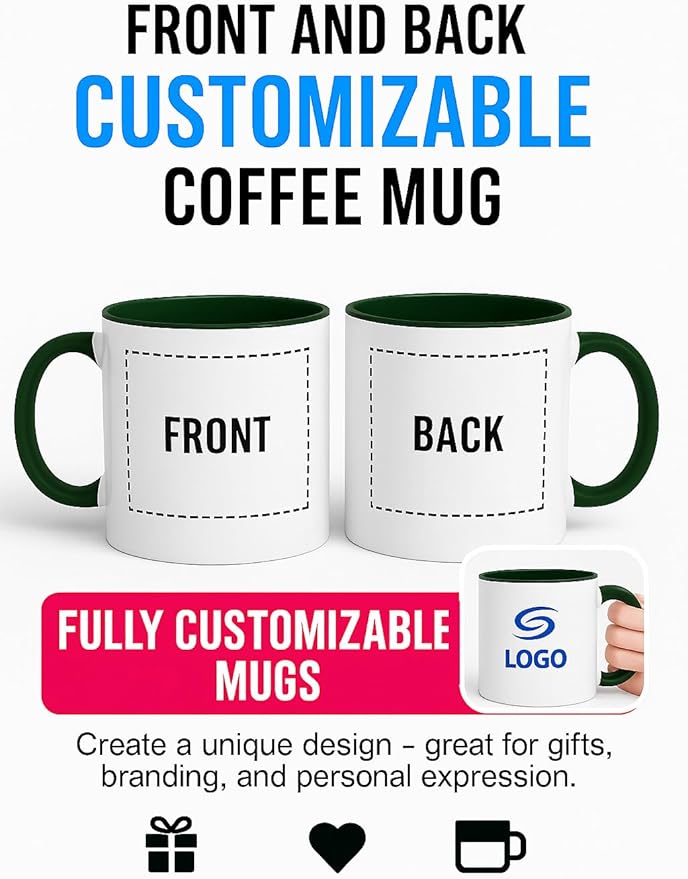 Personalized Coffee Mug | Custom Photo, Text, or Logo Cup (11oz, Forest Green Rim, Inner, and Handle) |Dishwasher & Microwave Safe |Unique Gift for Men & Women –Taza Personalizada