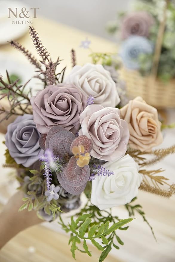 N&T NIETING Artificial Flowers, 25Pcs Fake Flowers Roses Perfect for DIY Wedding Bouquets Centerpieces Bridal Shower Party Home Flower Arrangement Decorations, Dusty Rose Series