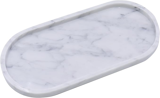 OOBOOB Oval Natural Marble Bathroom Tray for Decor Countertop, Marble Vanity Tray for Candles Perfume, Jewelry, Cosmetics, Elegant Vanity Organizer for Jewelry, Perfume