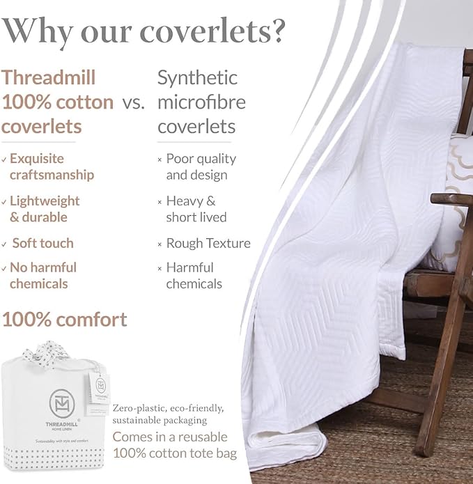 Threadmill Luxury Cotton Blankets for Twin Size Bed | All-Season 100% Cotton Twin Blanket for Bed | Aster Jacquard Lightweight, Soft & Cozy Coverlet, 350GSM, 68x90 inches | White