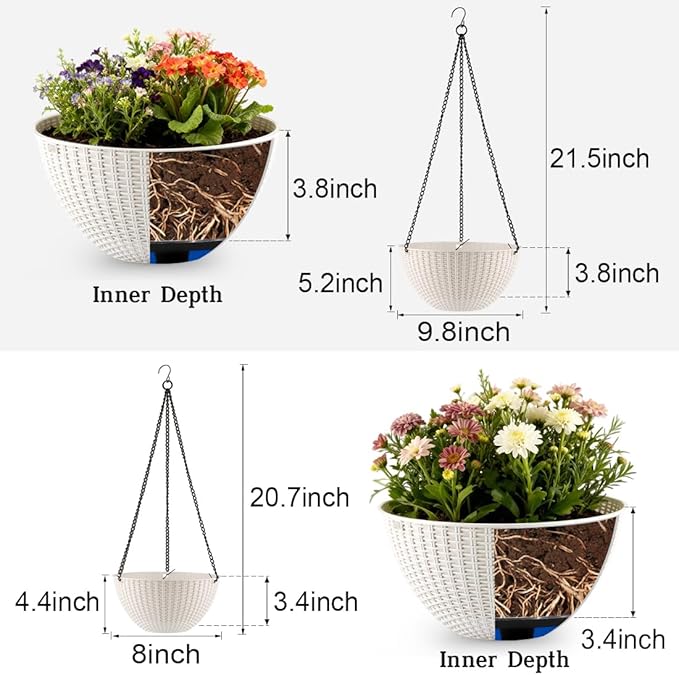 Hanging Planters for Indoor Outdoor Plants 8 and 10 Inch, 4 Packs Hanging Flower Pot with Drainage Holes, Self-Watering Hanging Basket Perfect for Home, Office and Garden, White