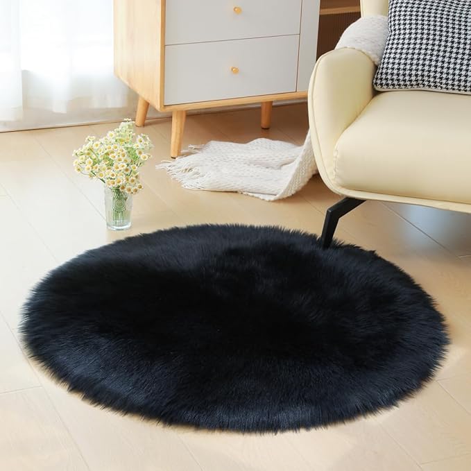 CKLASAY Faux Fur Rug Sheepskin Fuzzy Rug Super Soft Fluffy Plush Area Rug Bedroom Floor Children's Room Sofa Cushion Living Room Bedside Rugs (Black,3×3 ft Rotund)