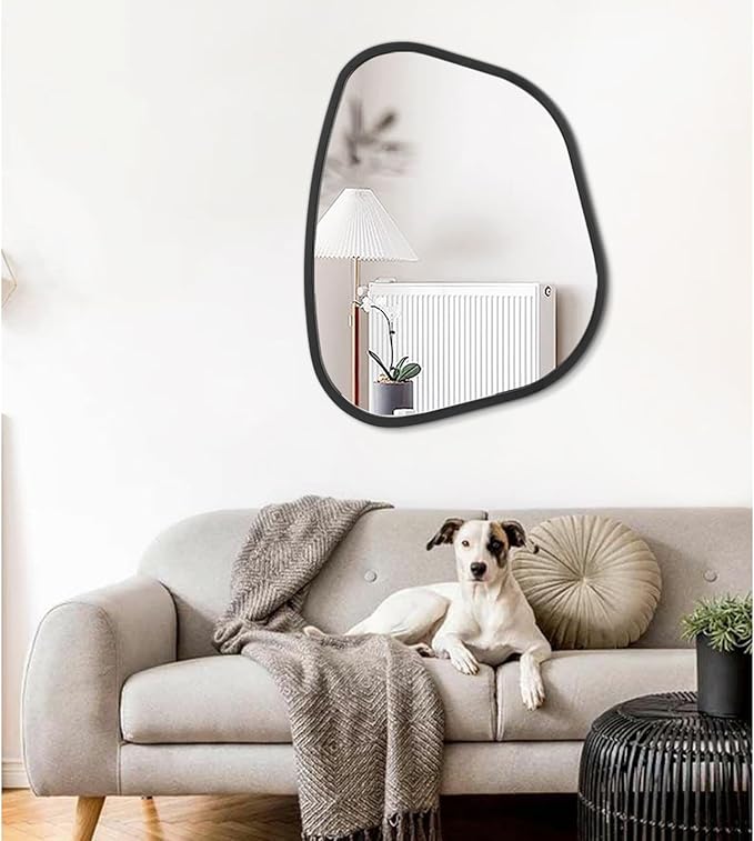 Black Asymmetrical Mirror Large 26"x18" Irregular Oval Wall Mirror Modern Wood Frame Unique Shape Wall Mounted Vanity Artistic Mirror Decorative for Living Room Bedroom Bathroom Entryway Hallway