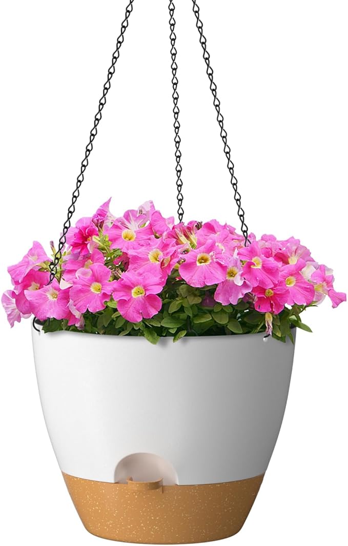 ZMTECH 12 Inch Hanging Planters for Indoor Outdoor Plants, 1 Pack Self Watering Hanging Plant Pots with Drainage Holes and Removable Saucer, Plastic Flower Hanging Pots with Watering Lip (White)