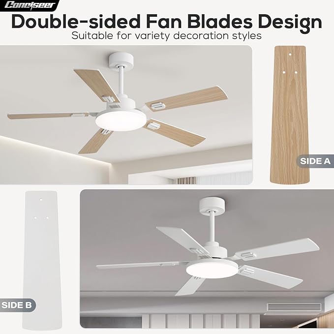 52 Inch Ceiling Fans with Lights and Remote for Bedroom Living Room Kitchen Office, Indoor/Outdoor Use, 5CCT Dimmable, 5 Blades 6 Speed Reversible Quiet DC Motor, White/Wood Grain, 2 Pack