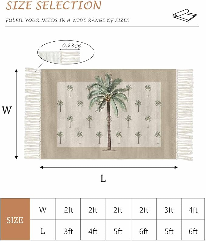 Tropical Palm Tree Runner Rug 2X4 Ft Entryway Outdoor Indoor Mat, Washable Woven Brown Summer Beach Plant Throw Carpet with Tassel, Non-Shedding Farmhouse Retro Green Botanical Hallway Bath Mats