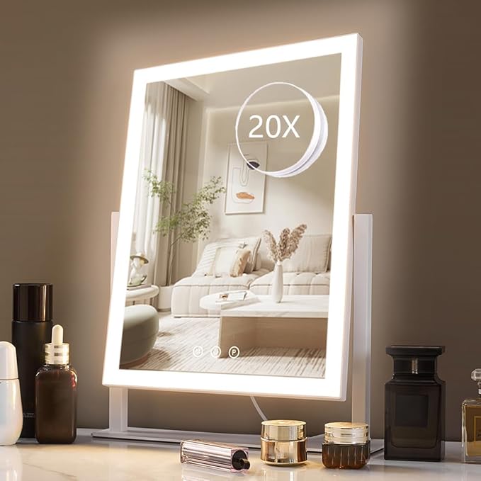 HIEEY Lighted Makeup Mirror, Hollywood Vanity Mirror with Lights, Three Color Lighting Modes, with 4in 20X Magnification Mirror, Smart Touch Control, 360°Rotation (17.4in,White,Gift Box)
